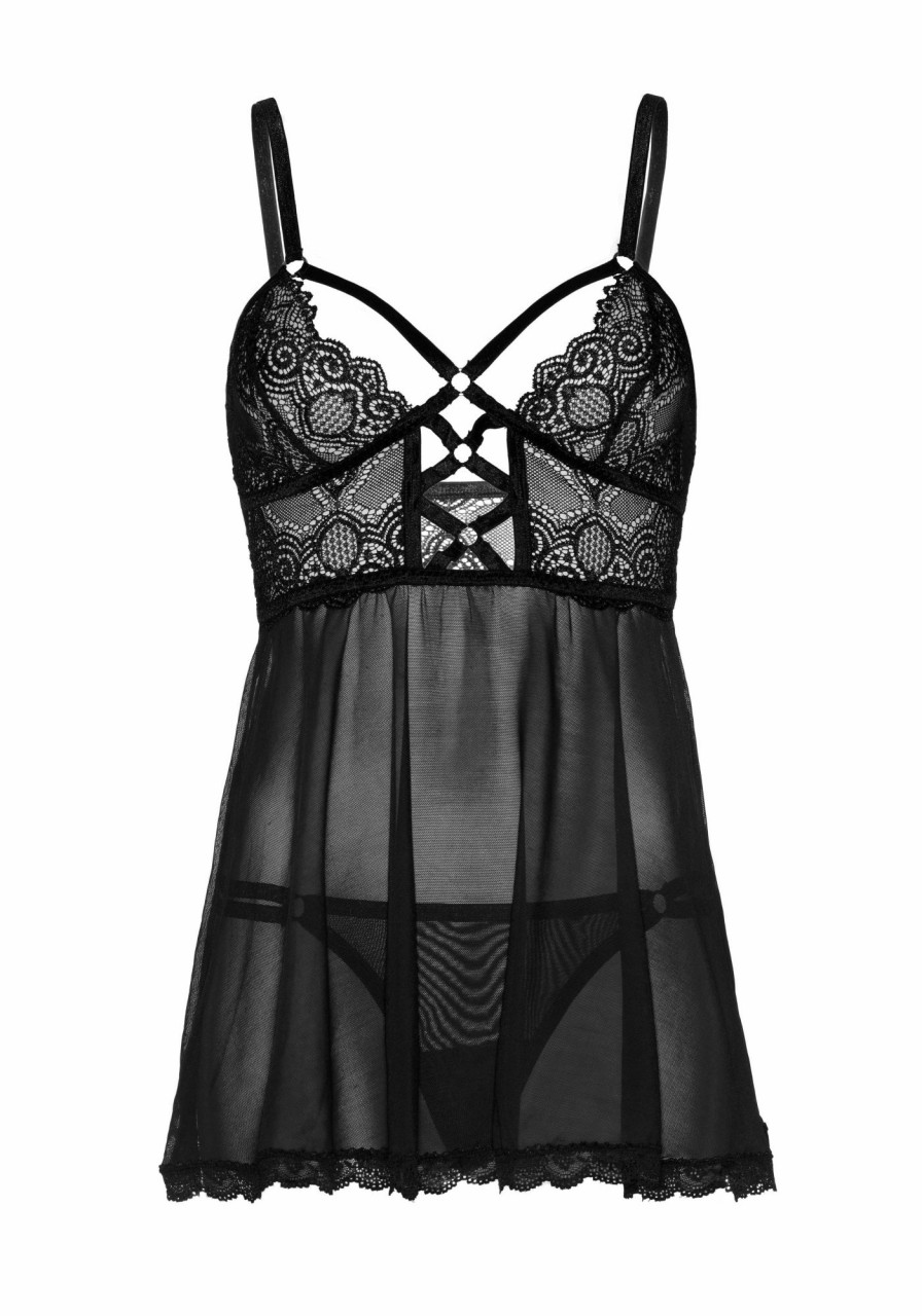 New Schiere Spitze Babydoll Und Schnur Schwarz