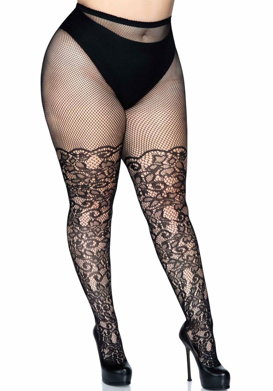 New Drew Plus Floral Vine Netzstrumpfhose Schwarz