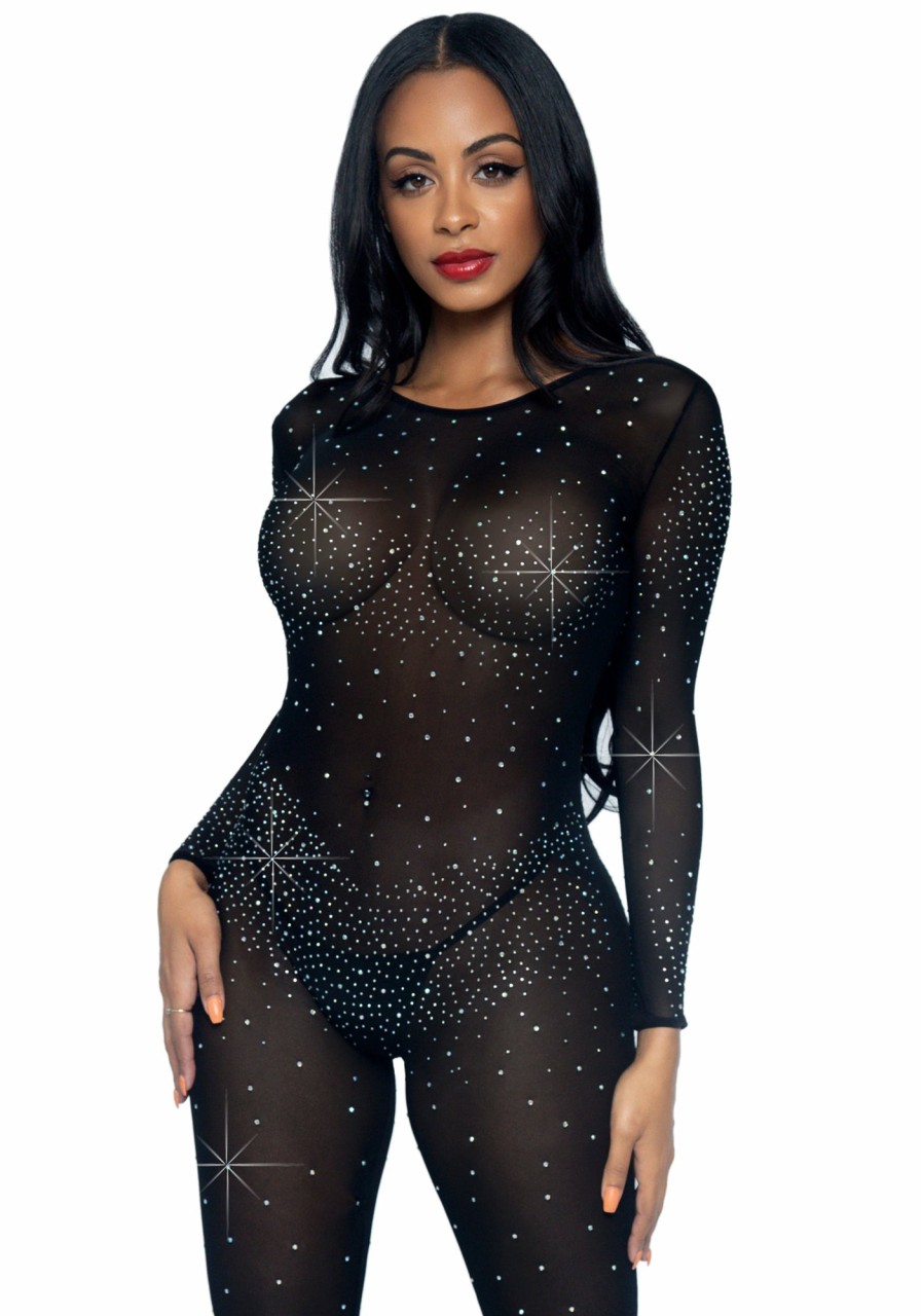 New Transparenter Strass-Catsuit Mit Langen Armeln