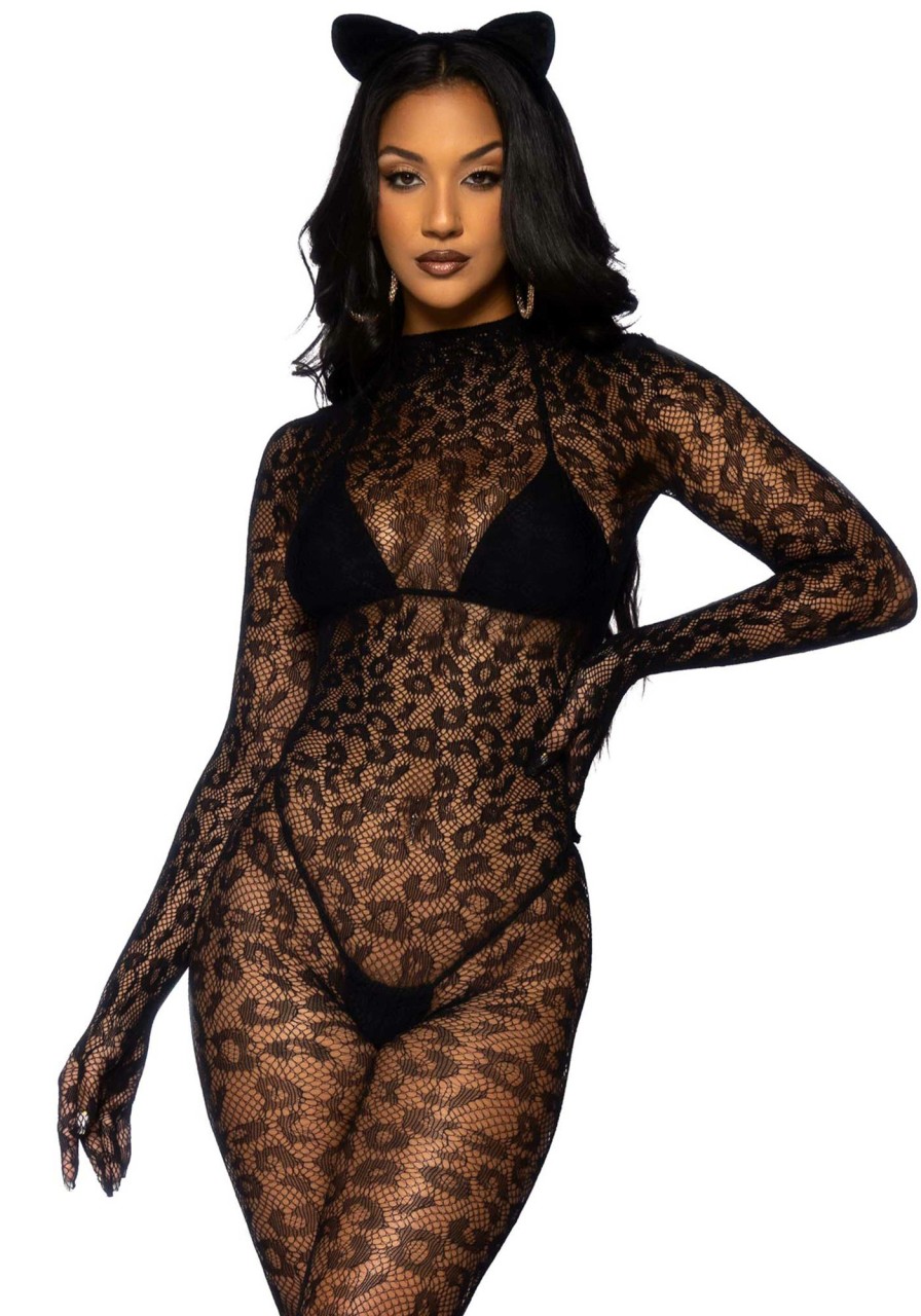 Hot Catsuit Mit Leopardennetz Und Handschuhen Schwarz