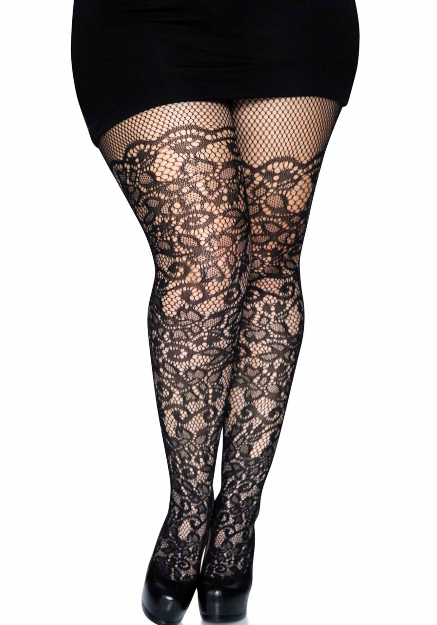 Clearance Drew Plus Floral Vine Netzstrumpfhose Schwarz