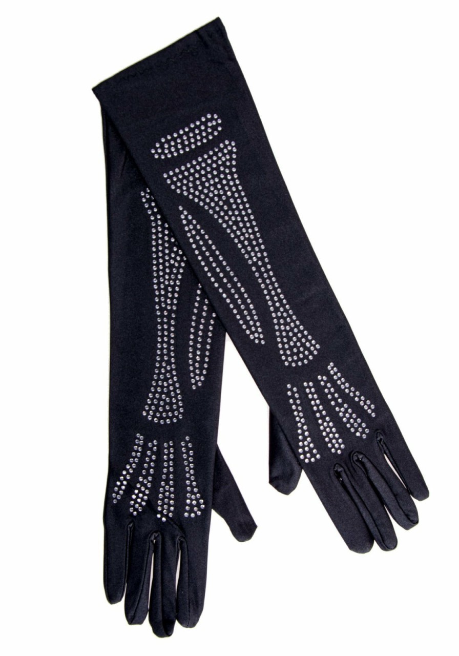 Hot Strass Skelett Knochen Ellenbogen Lange Handschuhe Schwarz/Silber