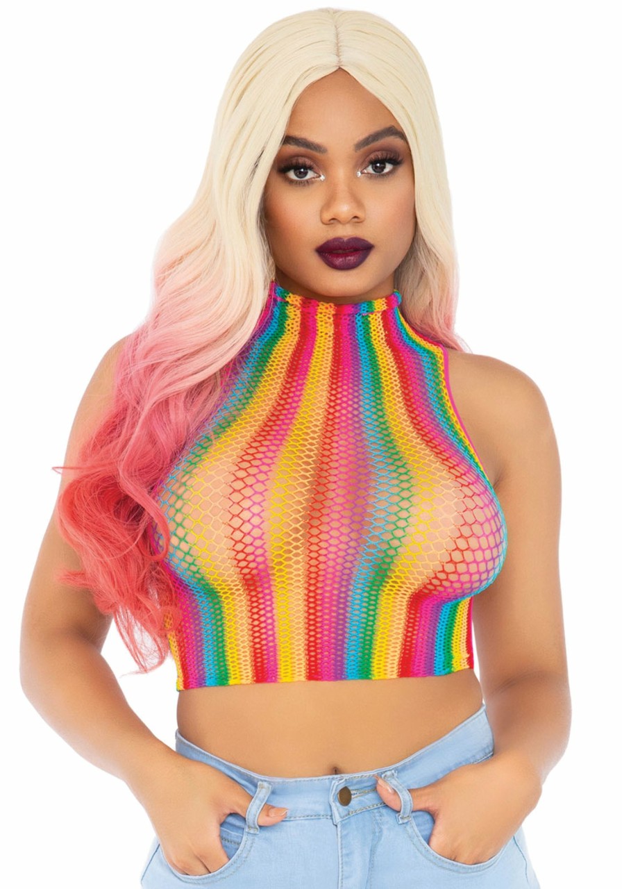 New Hochspannungs-Regenbogen-Netz-Crop-Top Mehrfarbig