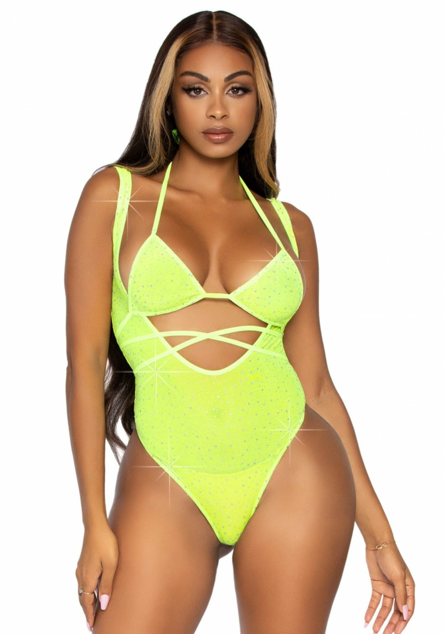 Online Kann Nicht Genug Strass Bodysuit Set Bekommen Neon Gelb